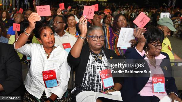 Maryland delegates voting on resolutions at the NAACP National Convention from Anne Arundel County are from left, Tryphenia Ellis-Johnson, general...