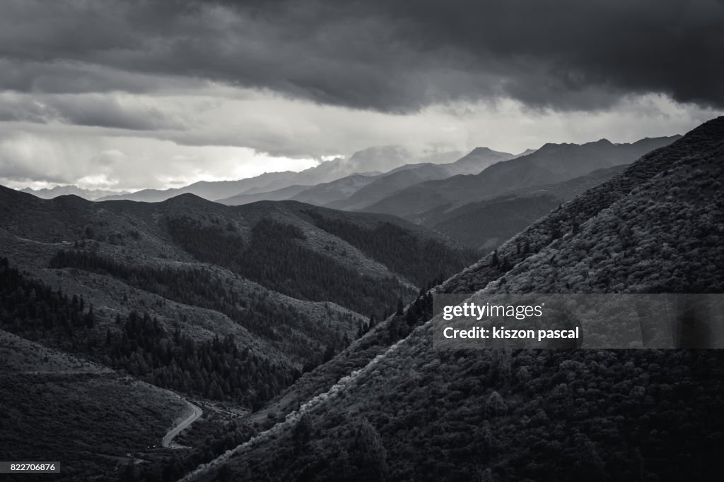 Landscape of mountain in Sichuan ( China ) black and white