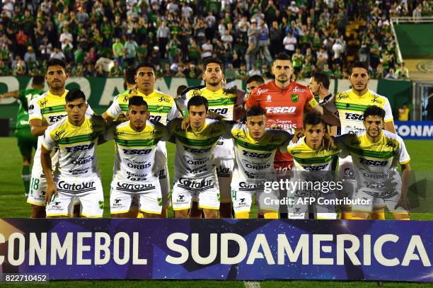 Argentina's Defensa y Justicia team players pose for pictures before their 2017 Copa Sudamericana football match against Brazils Chapecoense held at...