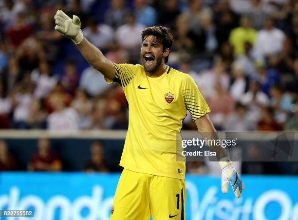 Alisson Becker of Roma directs his teammates in the first half against Tottenham Hotspur during the International Champions Cup on July 25, 2017 at...