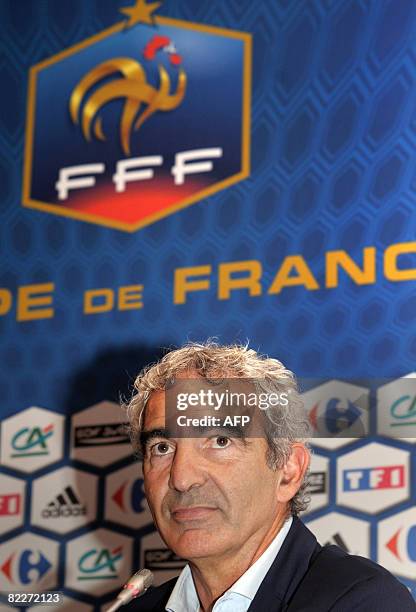 France coach Raymond Domenech delivers a speech during a press conference at the French Football Federation headquarters on August 12 in Paris....