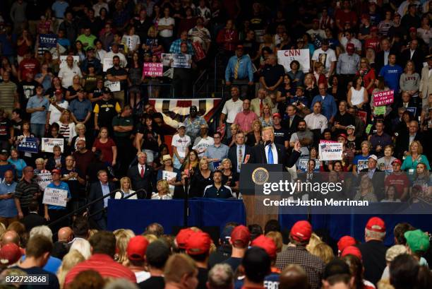 President Donald Trump addresses a rally at the Covelli Centre on July 25, 2017 in Youngstown, Ohio. The rally coincides with the Senates vote on GOP...