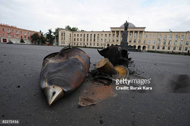 Russian shell blast in Stalin square, on August 12, 2008 in Gori, Georgia. Russian President Dmitry Medvedev has ordered an end to the military...