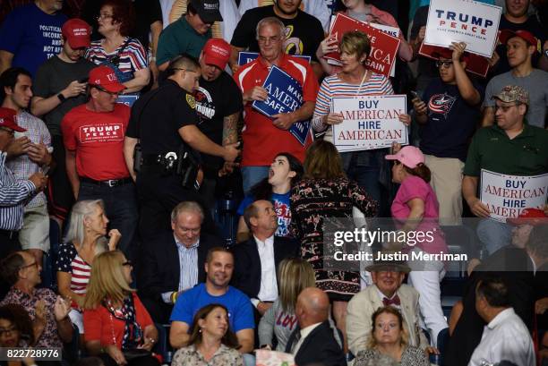 Protestor is removed from a rally attended by U.S. President Donald Trump at the Covelli Centre on July 25, 2017 in Youngstown, Ohio. The rally...
