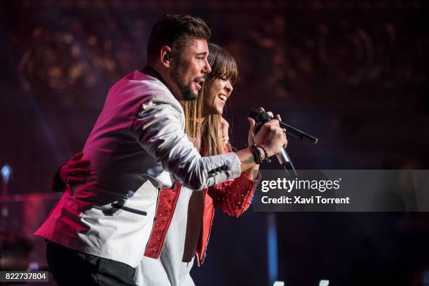 Miguel Poveda and Vanesa Martin perform on stage during the 'Miguel Poveda & Amigos' Gala at Gran Teatre del Liceu on July 25, 2017 in Barcelona,...