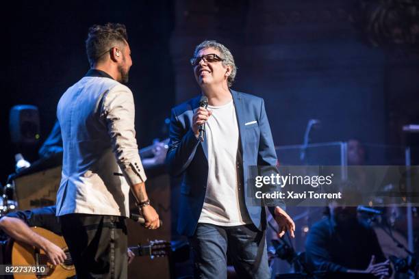 Miguel Poveda and Pedro Guerra perform on stage during the 'Miguel Poveda & Amigos' Gala at Gran Teatre del Liceu on July 25, 2017 in Barcelona,...