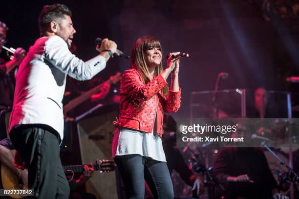 Miguel Poveda and Vanesa Martin perform on stage during the 'Miguel Poveda & Amigos' Gala at Gran Teatre del Liceu on July 25, 2017 in Barcelona,...