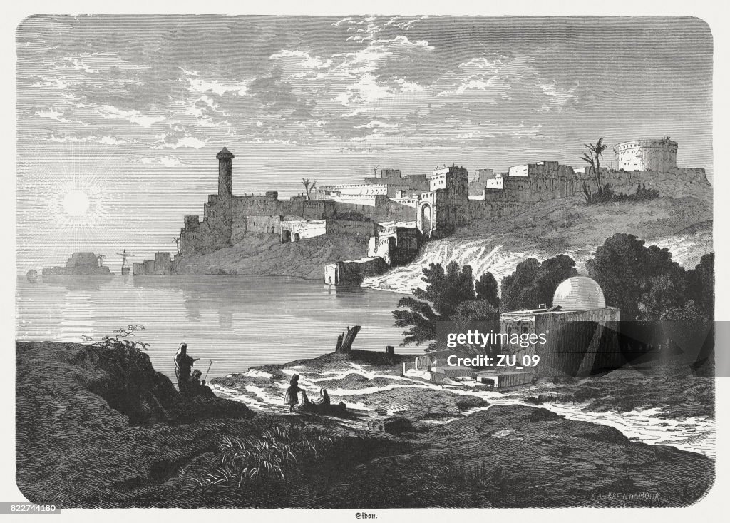 Ancient Sidon, Lebanon, wood engraving, published in 1886