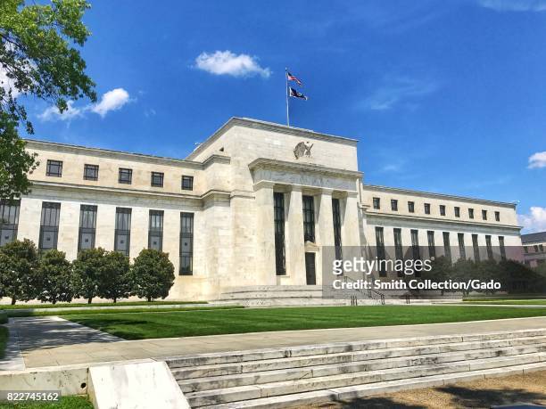 Facade of the Marriner S Eccles building of the United States Federal Reserve, the agency of the Federal Government responsible for setting the...