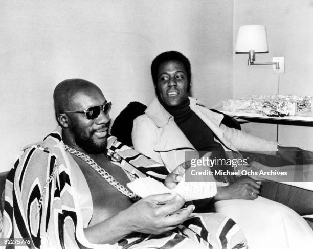 Actor Richard Roundtree and composer Isaac Hayes chat during a break for the recording session of the music for the movie "Shaft" directed by Gordon...