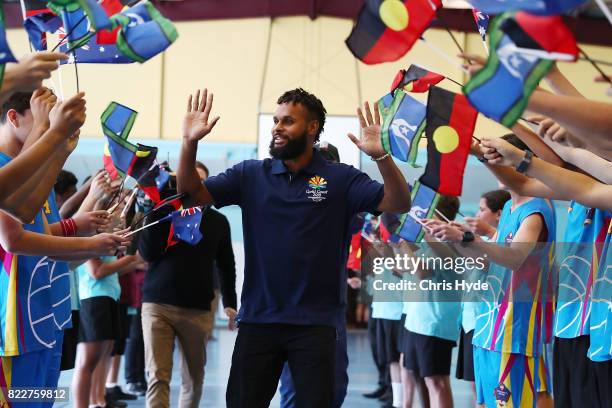 Australian basketball champion Patty Mills arrives at Keebra Park High School on July 26, 2017 in Gold Coast, Australia. Mills has been announced as...