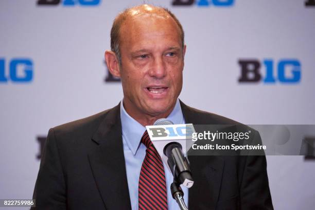 Nebraska Football head coach Mike Riley takes questions during the Big 10 Football Media Days on July 25, 2017 at Hyatt Regency McCormick Place in...