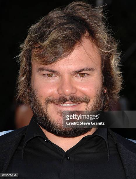 Actor Jack Black arrives at the Los Angeles Premiere Of "Tropic Thunder" at the Mann's Village Theater on August 11, 2008 in Los Angeles, California.