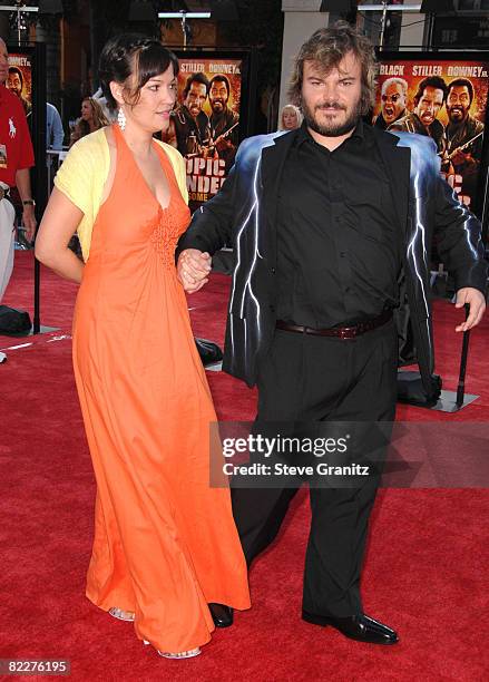 Actor Jack Black and wife Tanya Haden arrives at the Los Angeles Premiere Of "Tropic Thunder" at the Mann's Village Theater on August 11, 2008 in Los...