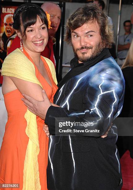 Actor Jack Black and wife Tanya Haden arrives at the Los Angeles Premiere Of "Tropic Thunder" at the Mann's Village Theater on August 11, 2008 in Los...