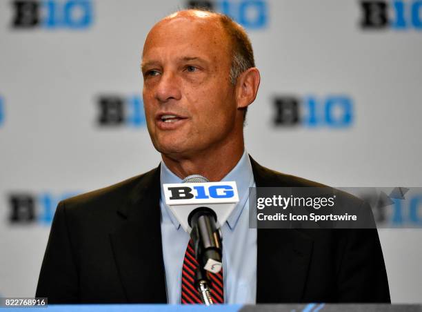 Nebraska head coach Mike Riley on the podium addressing the media during the Big Ten Media Days on July 25, 2017 at Hyatt Regency McCormick Place...