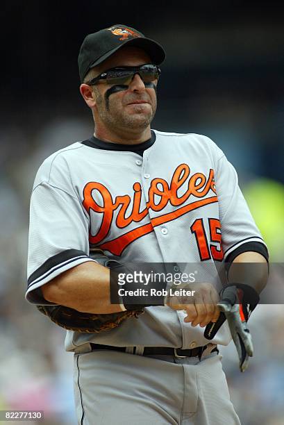 Kevin Millar of the Baltimore Orioles plays first base during the game against the New York Yankees at Yankee Stadium in the Bronx, New York on July...