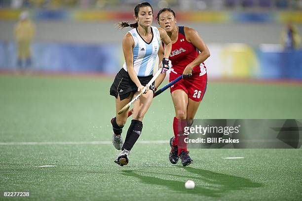 Summer Olympics: Argentina Mariana Gonzalez Oliva in action vs USA Kayla Bashore during Women's Pool WB Match W05 at Olympic Green Hockey Stadium....