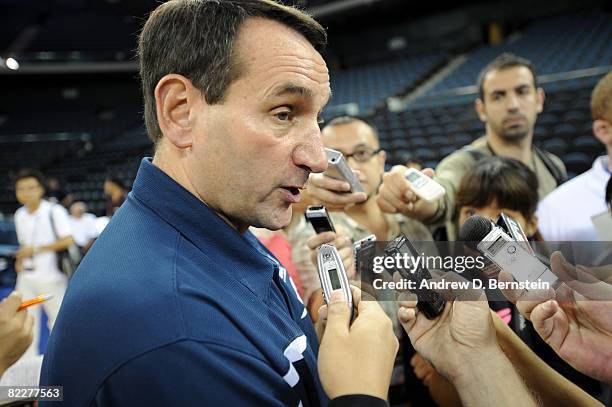 Head coach Mike Krzyzewski of the U.S. Men's Senior National Team talks to the media during practice for the Pre-Olympics USA Basketball...