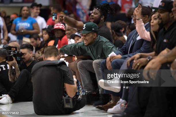 Chance the Rapper reacts during a BIG3 basketball league game on July 23 at the UIC Pavilion, in Chicago, IL.