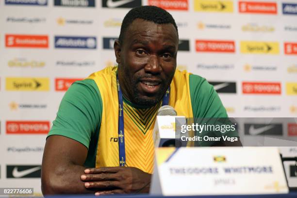 Theodore Whitmore coach of Jamaica speaks during the Jamaica National Team Press Conference prior to the final match against United States at Levi's...