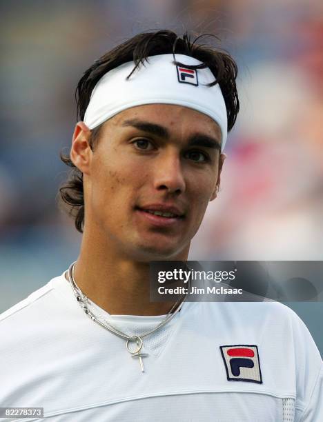 Fabio Fognini of Italy looks on during his match against Marat Safin of Russia during the Legg Mason Tennis Classic at the William H.G. FitzGerald...