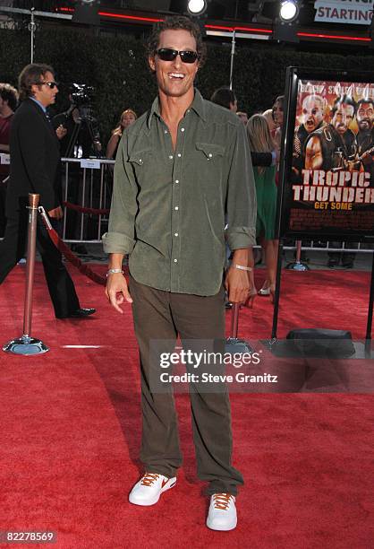 Matthew McConaughey arrives at the Los Angeles Premiere Of "Tropic Thunder" at the Mann's Village Theater on August 11, 2008 in Los Angeles,...