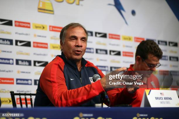 Bruce Arena coach of the USA speaks during the United States National Team press conference prior to the final match against Jamaica at Levi's...