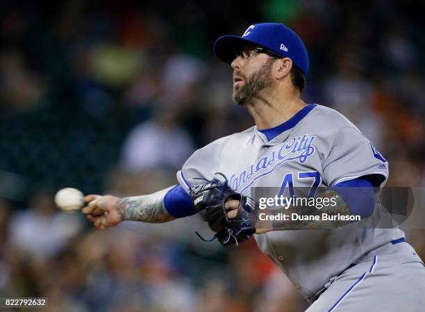 July 25: Peter Moylan of the Kansas City Royals pitches against the Detroit Tigers during the seventh inning at Comerica Park on July 25, 2017 in...