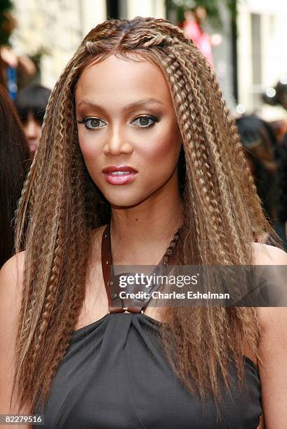 Host Tyra Banks attends "The Tyra Banks Show" celebration of the first all black model issue of Vogue Italia on August 12, 2008 in New York City.