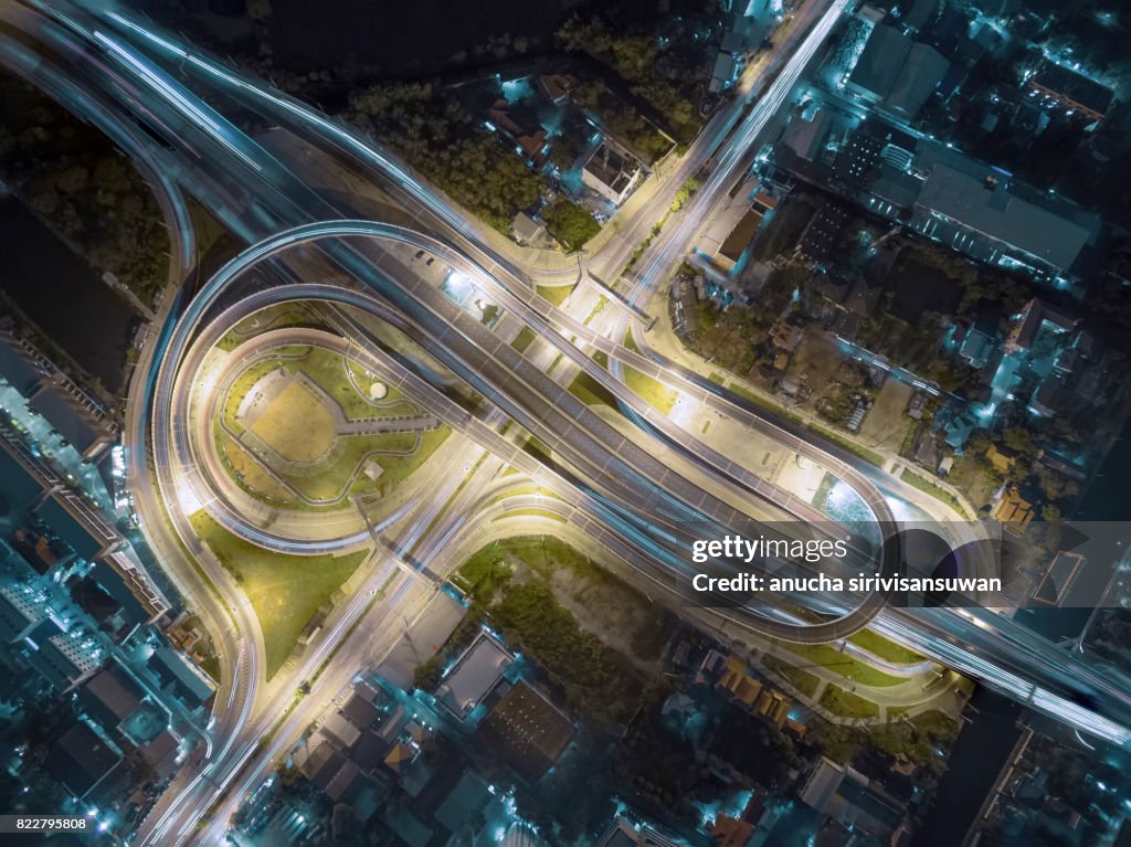 Interchange Highway traffic beautiful , Bird Eye View in bangkok , top view , Bangkok , Thailand .