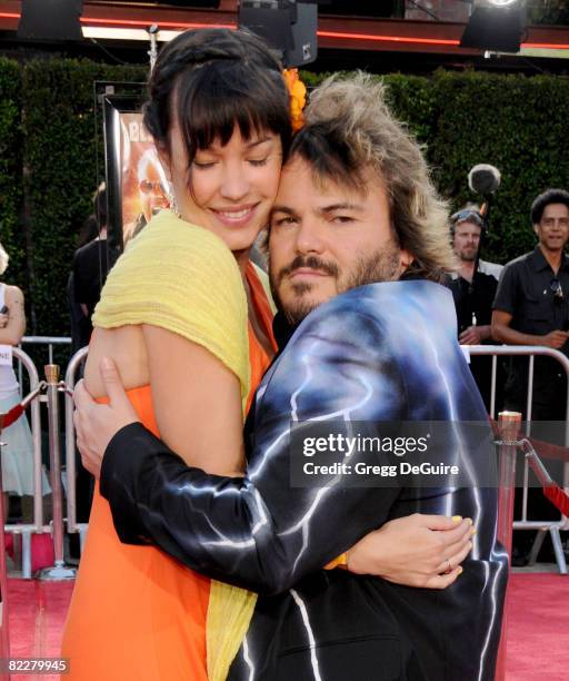 Actor Jack Black and wife Tanya Haden arrives at the Los Angeles Premiere Of "Tropic Thunder" at the Mann's Village Theater on August 11, 2008 in Los...