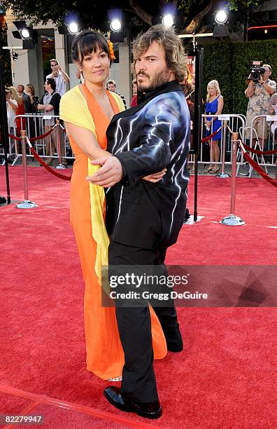 Actor Jack Black and wife Tanya Haden arrives at the Los Angeles Premiere Of "Tropic Thunder" at the Mann's Village Theater on August 11, 2008 in Los...