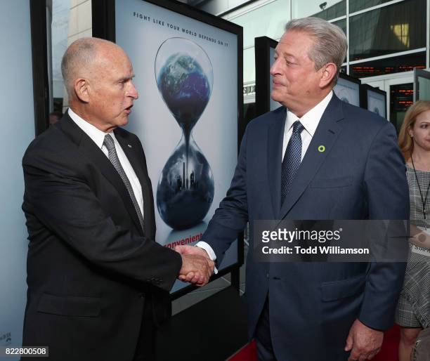 California Governor Jerry Brown and Former Vice President Al Gore attend a screening of Paramount Pictures' "An Inconvenient Sequel: Truth To...