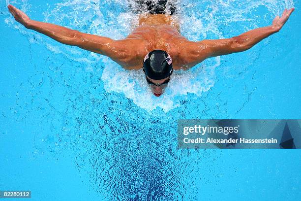 Michael Phelps of the United States competes in the Men's 200m Butterfly Final held at the National Aquatics Centre during Day 5 of the Beijing 2008...