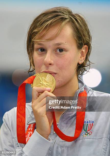 Federica Pellegrini of Italy poses with the gold medal during the medal ceremony for the Women's 200m Freestyle held at the National Aquatics Center...