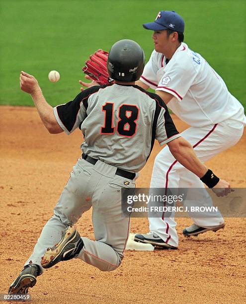 Dirk van't Klooster of the Netherlands is out at second base as Taiwan's Chiang Chih-Hsien receives the ball in the top of the ninth inning during a...