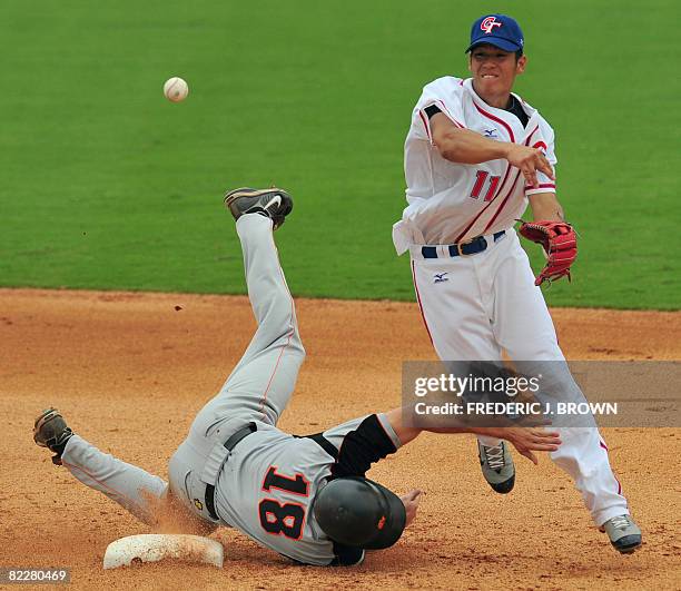 Dirk van't Klooster of the Netherlands is out trying to reach second base as Taiwan's Chiang Chih-Hsien throws to first in the top of the ninth...