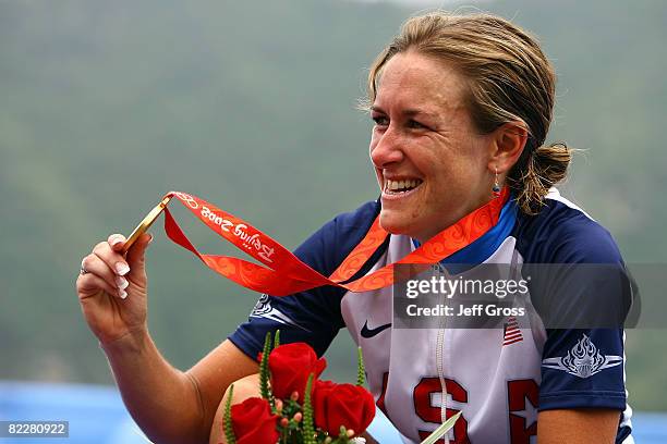 Gold medalist Kristin Armstrong of the United States celebrates after the Women's Individual Time Trial at the Road Cycling Course during Day 5 of...