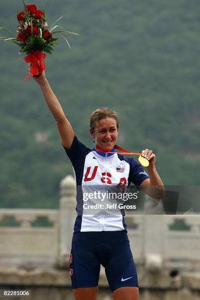 Gold medalist Kristin Armstrong of the United States celebrates after the Women's Individual Time Trial at the Road Cycling Course during Day 5 of...