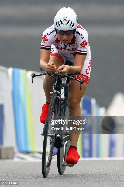 Alexandra Wrubleski of Canada competes during the Women's Individual Time Trial at the Road Cycling Course during Day 5 of the Beijing 2008 Olympic...