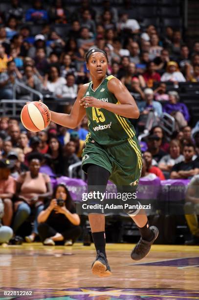 Noelle Quinn of the Seattle Storm handles the ball against the Los Angeles Sparks on July 25, 2017 at STAPLES Center in Los Angeles, California. NOTE...