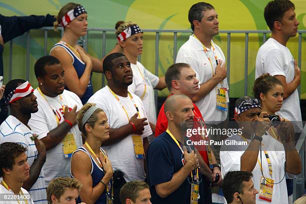 Kobe Bryant, Chris Paul, Lebron James and Carmelo Anthony attend the National Aquatics Center on Day 5 of the Beijing 2008 Olympic Games on August...