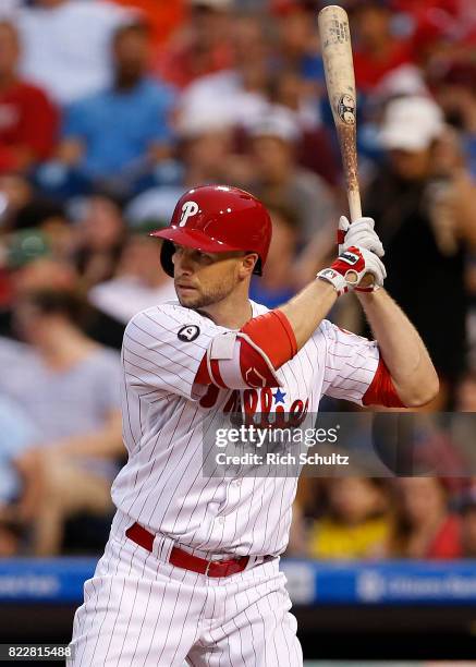 Daniel Nava of the Philadelphia Phillies in action during a game against the Milwaukee Brewers at Citizens Bank Park on July 21, 2017 in...