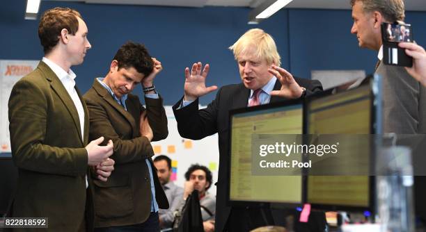 Britain's Foreign Minister Boris Johnson speaks with Neu Capital Director Edward Jones , Head of Tyro Fintech Hub Andrew Corbett-Jones and British...