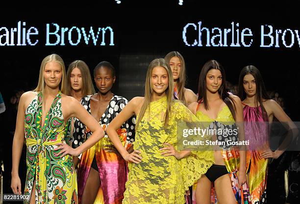 Models showcase designs by Charlie Brown on the catwalk, as part of the inaugural Rosemount Sydney Fashion Festival 2008 at Martin Place on August...