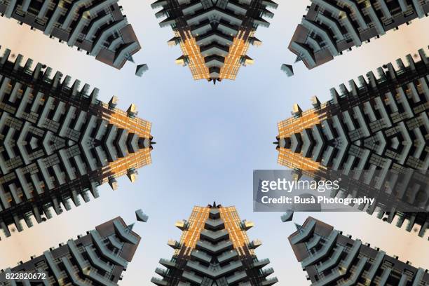 abstract image: kaleidoscopic image of modern highrises in milan, italy - milan skyscraper stock pictures, royalty-free photos & images