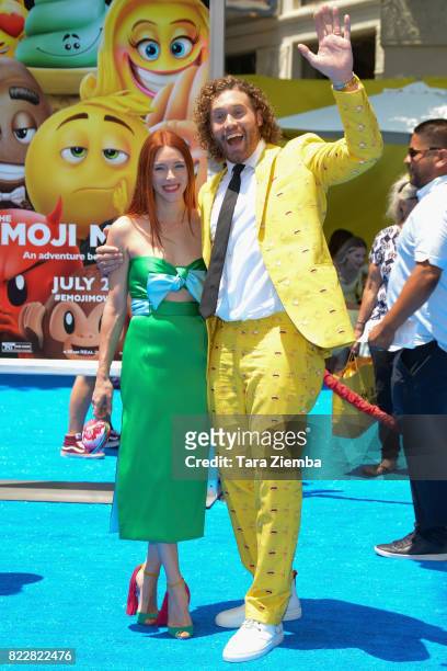 Actor T.J. Miller R and wife Kate Gorney attend the premiere of Columbia Pictures and Sony Pictures 'The Emoji Movie' at Regency Village Theatre on...