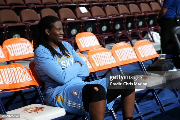 Amber Harris of the Chicago Sky looks on before the game against the Connecticut Sun on July 25, 2017 at the Mohegan Sun Arena in Uncasville,...