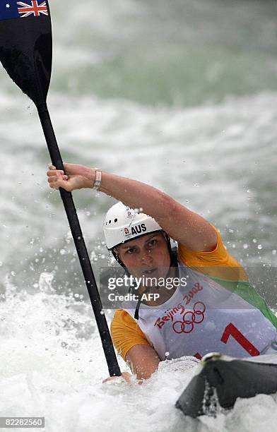 Jacqueline Lawrence of Australia competes in the 2008 Beijing Olympic Games Women's singles Kayak K1 slalom heats at the Shunyi Rowing and Canoeing...